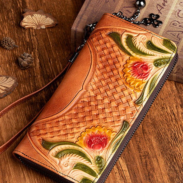 Handmade Brown Leather Wristlet Wallet Womens Floral Zip Around Wallets Flowers Ladies Zipper Clutch Wallet for Women