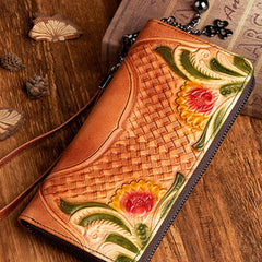 Handmade Brown Leather Wristlet Wallet Womens Floral Zip Around Wallets Flowers Ladies Zipper Clutch Wallet for Women