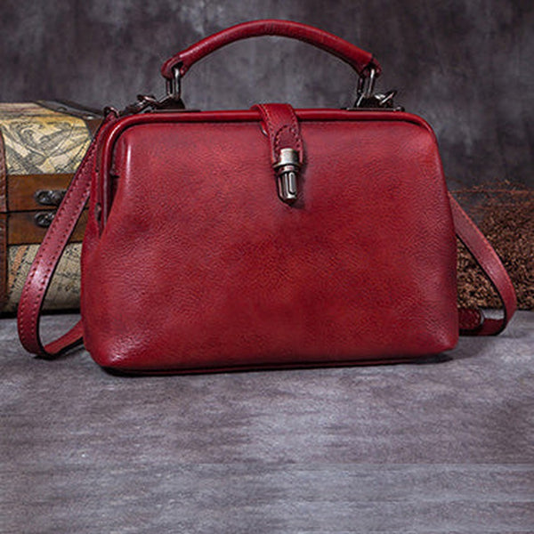 Handmade Red Leather Handbag Vintage Doctor Bag Shoulder Bag Purse For Women