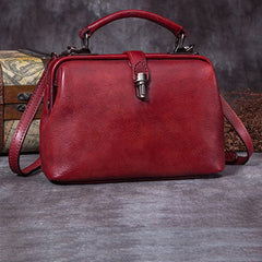 Handmade Red Leather Handbag Vintage Doctor Bag Shoulder Bag Purse For Women