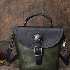 Vintage Leather Womens Bucket Green Shoulder Bag Handmade Barrel Crossbody Purse for Ladies