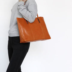 Womens Brown Leather Tote Purse Horizontal Tote Shopper Shoulder Bag for Ladies