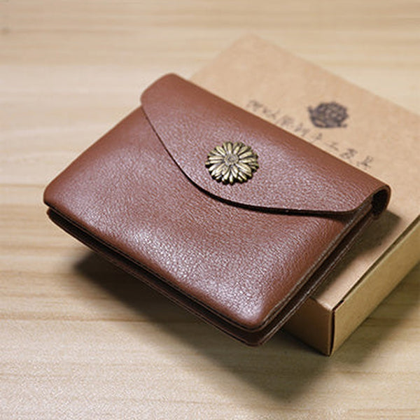 Slim Women Dark Brown Sunflower Leather Card Wallet Minimalist Envelope Card Holder Wallet Coin Wallet For Women