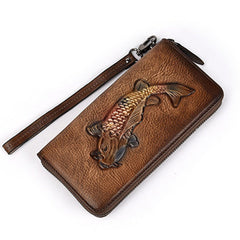 Womens Carp Brown Leather Zip Around Wallet Wristlet Wallet Carp Ladies Zipper Clutch Wallet for Women