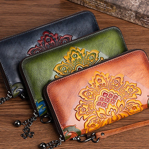 Vintage SunFlower Leather Wristlet Wallet Womens Flower Zip Around Wallets Flowers Ladies Zipper Clutch Wallet for Women