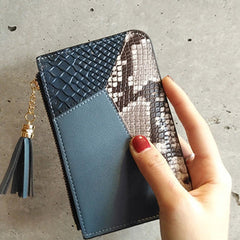 Cute Womens Patchwork Blue Leather Card Wallets with Keychain Zip Card Holder Wallet for Women