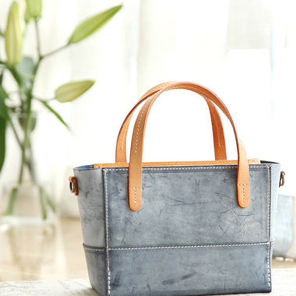 Vintage Womens Blue Leather Handbag Tote Purse Tote Handmade Shopper Side Tote Bag for Men