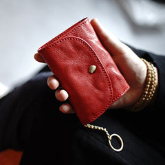 Cute Women Red Leather Mini Wallet with Keychain Billfold Minimalist Coin Wallet Small Zip Change Wallet For Women
