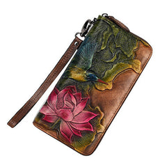 Womens Lotus Flower&Hummingbird Brown Leather Zip Around Wallet Wristlet Wallet Flower Ladies Zipper Clutch Wallet for Women