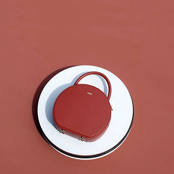 Womens Red Leather Round Handbag Crossbody Bag Round Small Shoulder Bag for Women