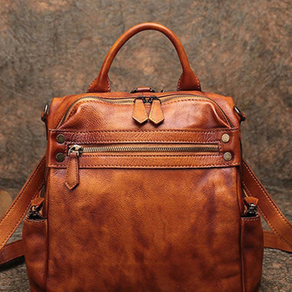 Vintage Brown Leather Rucksack Womens School Leather Backpack Ladies Backpack Purses