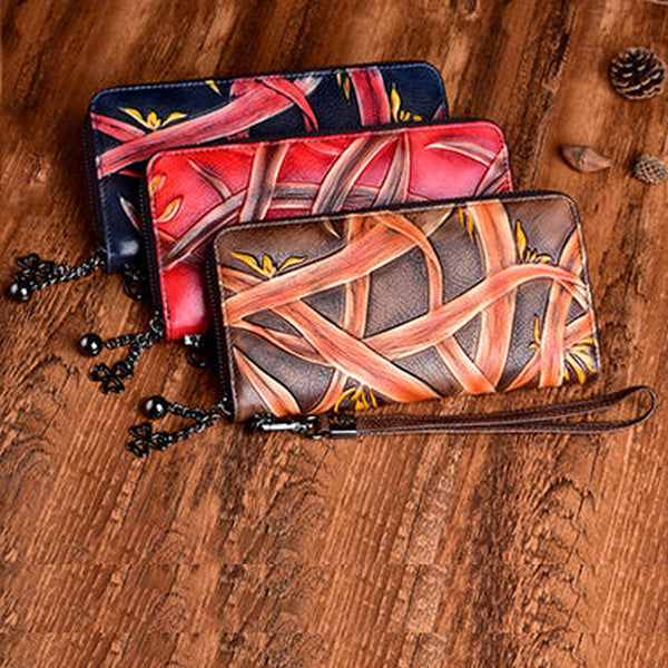 Handmade Bracketplant Leather Wristlet Wallet Womens Zip Around Wallets Flowers Ladies Zipper Clutch Wallet for Women