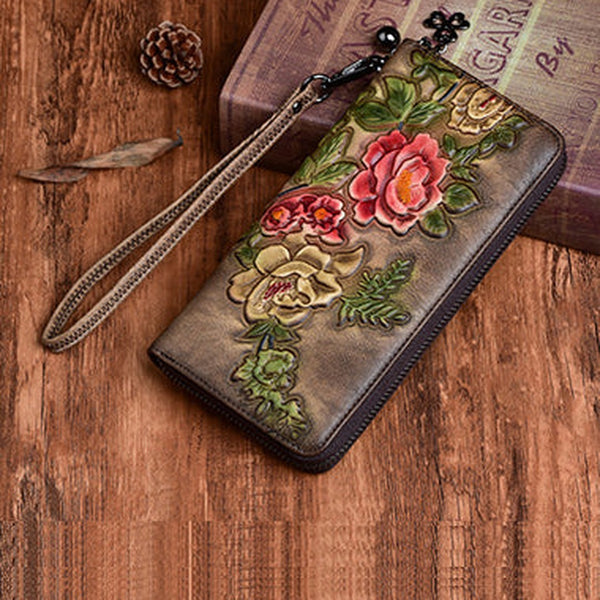Womens Peony Flower Green Leather Zip Around Wallet Wristlet Wallet Floral Ladies Zipper Clutch Wallet for Women
