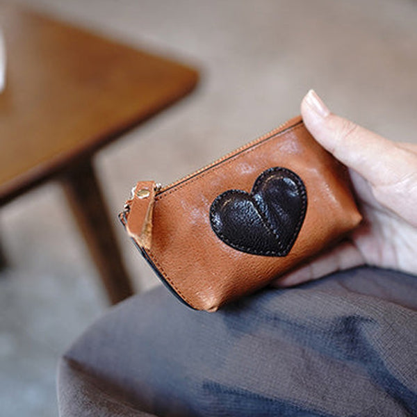 Cute Women Tan Leather Zip Coin Wallet with Keychains Heart Keys Wallet Small Zip Change Wallet For Women