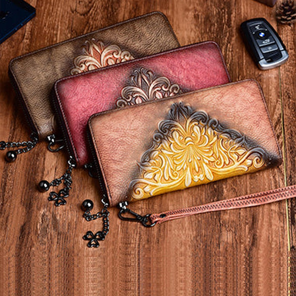 Womens Flowers Leather Zip Around Wallet Wristlet Wallet Floral Ladies Zipper Clutch Wallet for Women