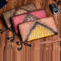 Womens Flowers Leather Zip Around Wallet Wristlet Wallet Floral Ladies Zipper Clutch Wallet for Women