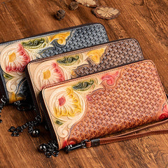 Handmade Flowers Leather Wristlet Wallet Womens Floral Zip Around Wallets Flowers Ladies Zipper Clutch Wallet for Women