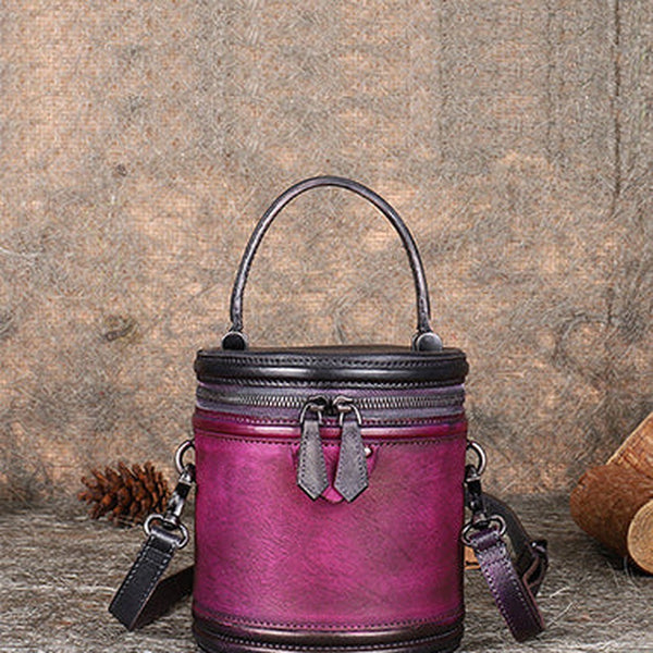 Womens Purple Leather Barrel Handbag Purses Vintage Handmade Round Shoulder Bag Bucket Crossbody Handbag for Women