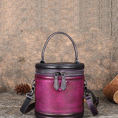Womens Purple Leather Barrel Handbag Purses Vintage Handmade Round Shoulder Bag Bucket Crossbody Handbag for Women