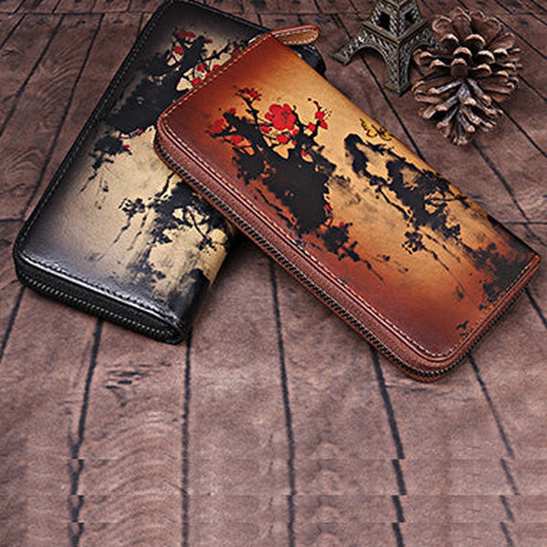 Handmade Womens Leather Zip Around Wallet Plum Blossom Wash Painting Flowers Wristlet Wallet Ladies Zipper Clutch Wallet for Women
