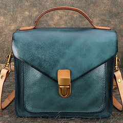 Vintage Blue Leather Womens Square Satchel Shoulder Bags School Crossbody Purse for Women
