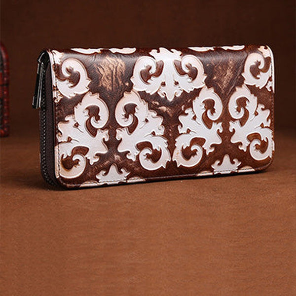 Vintage Womens Floral Coffee Leather Zip Around Wallet Floral Ladies Zipper Clutch Wallet for Women
