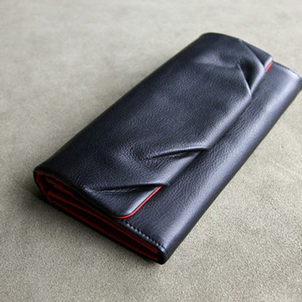 Classic Black Leather Womens Wallet Bifold Clutch Wallet Long Wallet for Women