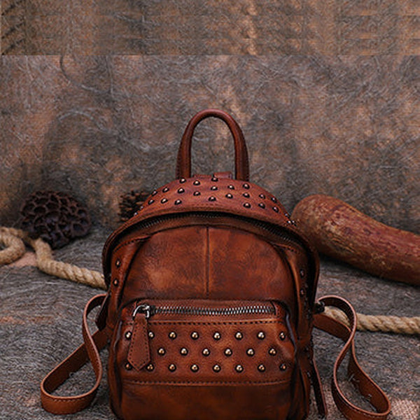 Best Vintage Rivets Brown Leather Rucksack Womens Small School Rucksack Leather Backpack Purse