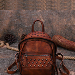 Best Vintage Rivets Brown Leather Rucksack Womens Small School Rucksack Leather Backpack Purse