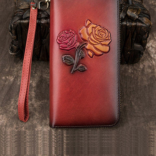 Womens Rose Flowers Red Leather Wristlet Wallets Zip Around Wallet Flowers Ladies Zipper Clutch Wallet for Women