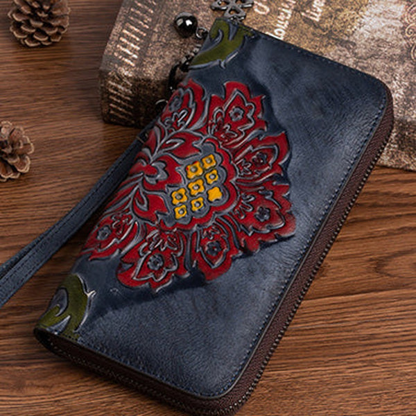 Vintage SunFlower Black Leather Wristlet Wallet Womens Flower Zip Around Wallets Flowers Ladies Zipper Clutch Wallet for Women
