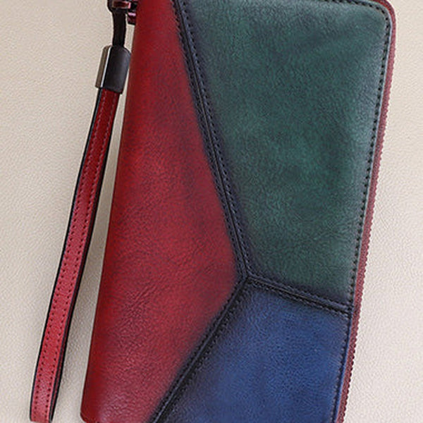 Vintage Multicolor Geometric Green&Red&Blue Leather Wristlet Wallet Womens Flower Zip Around Wallets Flowers Ladies Zipper Clutch Wallet for Women