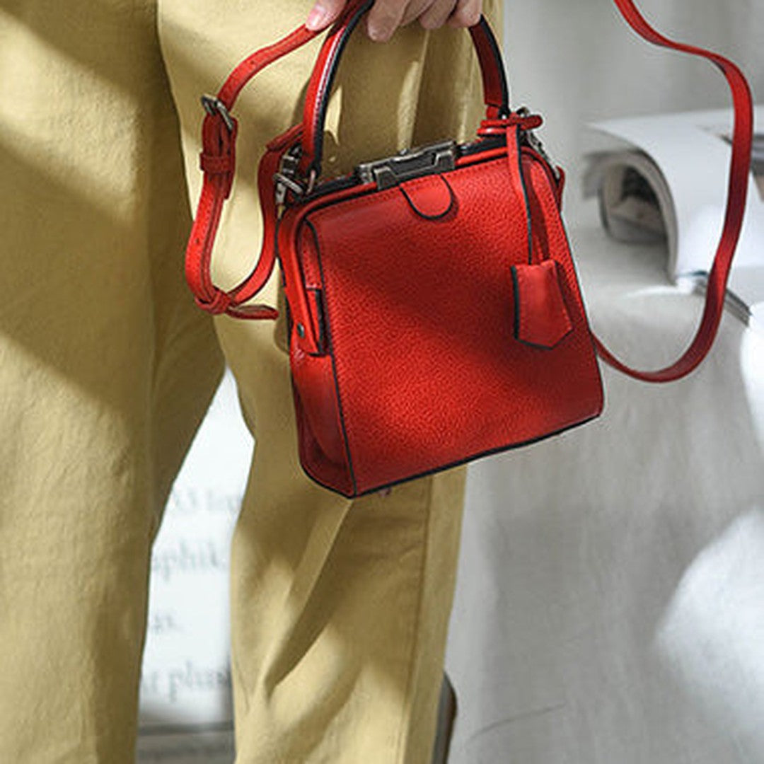 Womens Red Leather Doctor Handbag Purses Square Doctor Crossbody Purse for Women