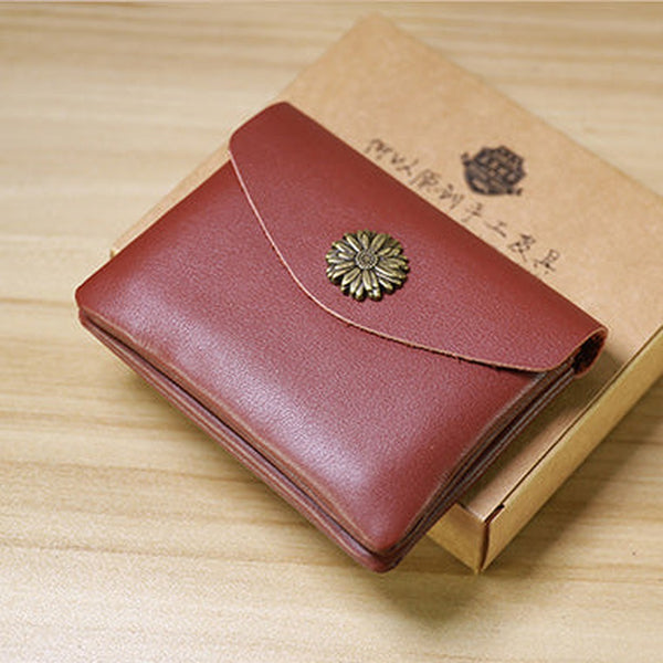 Slim Women Red Brown Sunflower Leather Card Wallet Minimalist Envelope Card Holder Wallet Coin Wallet For Women
