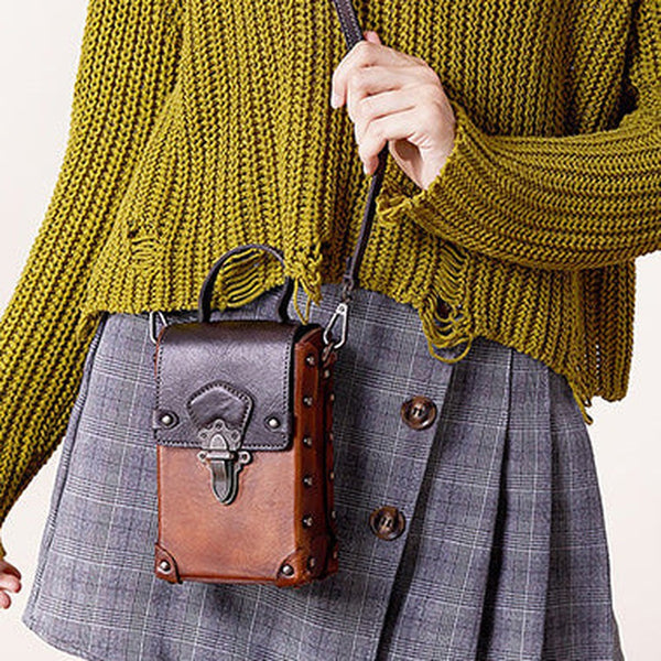 Leather Brown Womens Small Box Shoulder Bag Cube Small Handmade Handbag Purse for Ladies