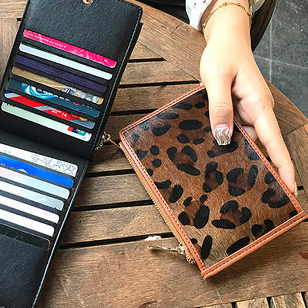 Cute Womens Horse Hair Leopard Print Leather Card Wallets Card Clutch Wallet Zip Card Holder Wallet for Women