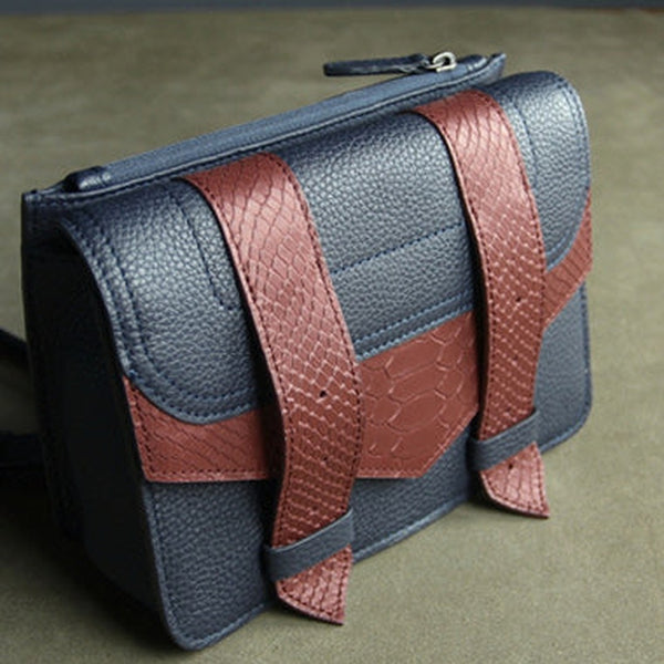 Cute Womens Dark Blue&Red Leather Shoulder Purse Small Leather Shoulder Bag Crossbody Purse for Ladies