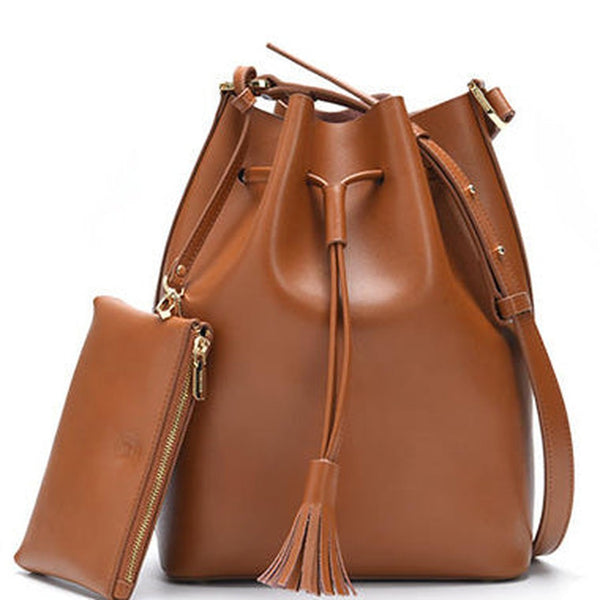 Brown Genuine Leather bucket bag shoulder bag for women leather Barrel crossbody bag