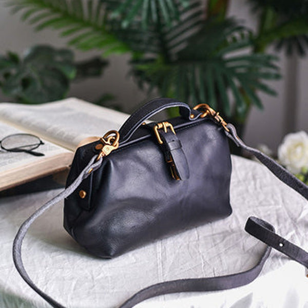 Womens Black Leather Doctor Handbag Purses Vintage Black Doctor Side Purses for Women