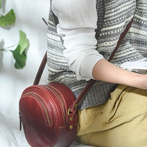 Womens Red Leather Round Crossbody Bag Handmade Round Small Shoulder Bag for Women