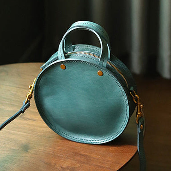 Vintage Womens Blue Leather Round Handbag Purses Blue Round Shoulder Bag Crossbody Handbag for Women