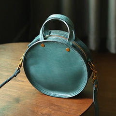 Vintage Womens Blue Leather Round Handbag Purses Blue Round Shoulder Bag Crossbody Handbag for Women
