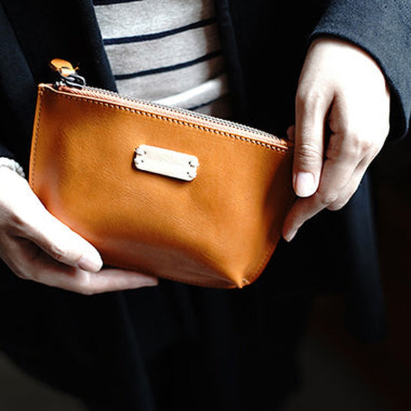 Vintage Tan Leather Zipper Wallet Womens Zip Around Wallets Tan Ladies Zipper Clutch Wallet for Women
