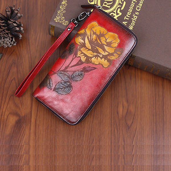 Womens Rose Flower Red Leather Wristlet Wallets Zip Around Wallet Flower Ladies Zipper Clutch Wallet for Women