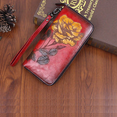 Womens Rose Flower Red Leather Wristlet Wallets Zip Around Wallet Flower Ladies Zipper Clutch Wallet for Women