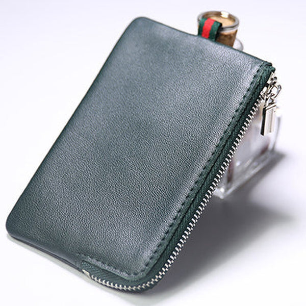 Slim Women Green Leather Zip Wallet with Keychains Billfold Minimalist Coin Wallet Small Zip Change Wallet For Women