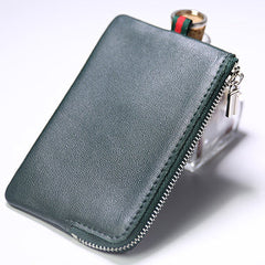 Slim Women Green Leather Zip Wallet with Keychains Billfold Minimalist Coin Wallet Small Zip Change Wallet For Women