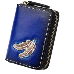 Around Zip Blue Tooled Leather Card Wallet Mens Feather Zipper Card Holder for Men