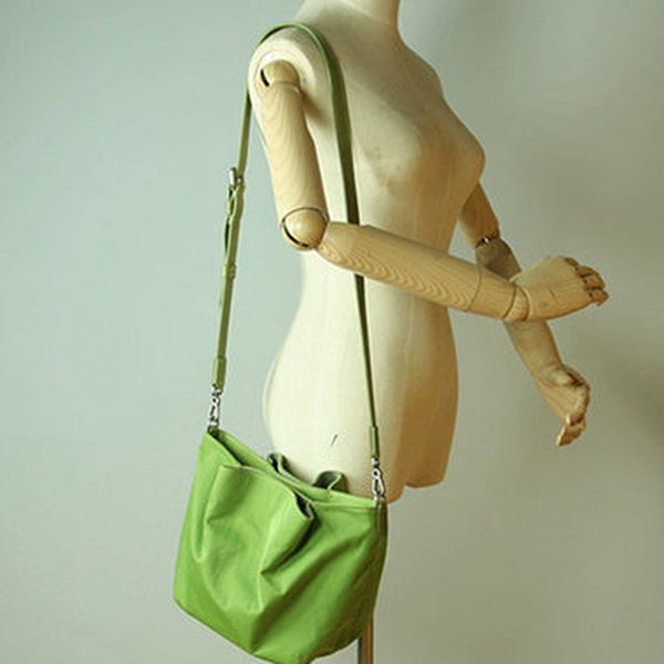 Small Womens Green Nylon Leather Crossbody Handbag Purse Bucket Green Nylon Shoulder Bag Purse for Ladies