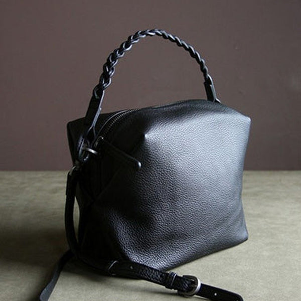 Cute Womens Black Leather Handbag Purse Cube Leather Shoulder Bag Crossbody Purse for Ladies